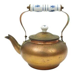 Tea Kettle Copper Vintage 4 Cup Blue White Porcelain Handle Knob Farmhouse Decor